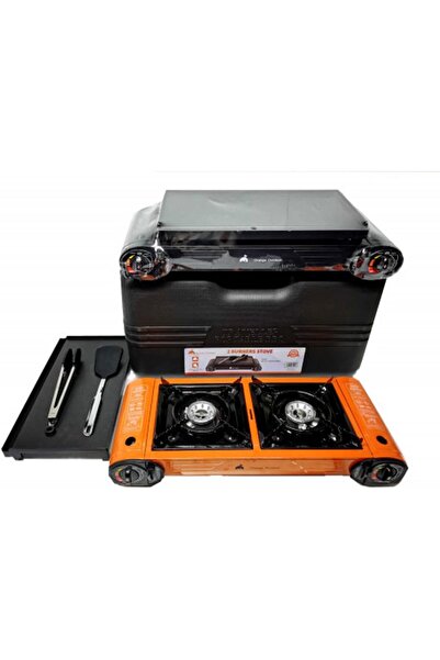 GO2CAMPS موقد تخييم مزدوج الشعلات مع شواية شواء وموقد من الحديد الزهر، وصينية هامبرغر، GO