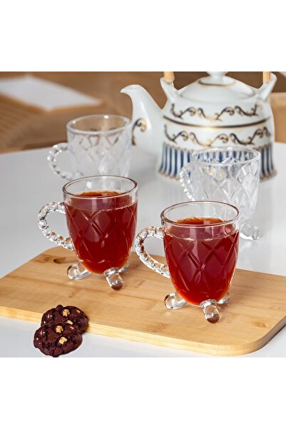 STOREMAX MoysHops 15720 Ayaklı Kulplu Desenli 4'lü Cam - Kulplu Çay Kahve Bar...