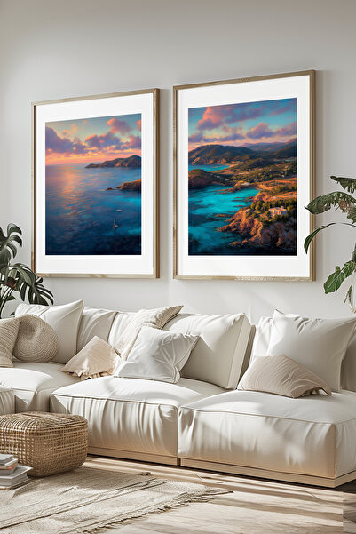 STARYUNA Set de pictură dublă cu cadru din lemn, cu vedere la apus de soare ș...