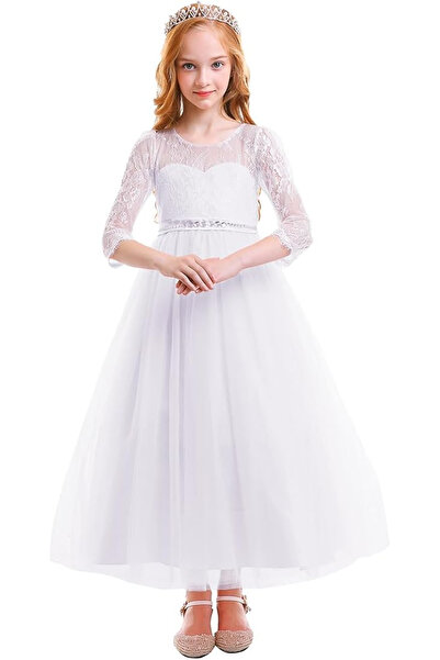 OEM Rochie elegantă din dantelă, lungă, mâneci 3/4, cu volane, albă, 160cm, 10-11 ani