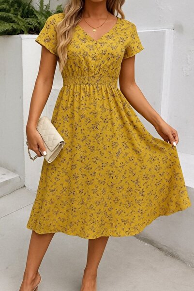 COjans فستان نسائي بأكمام قصيرة وياقة مزدوجة الصدر وخصر مطاطي مزين بنقشة الزهور