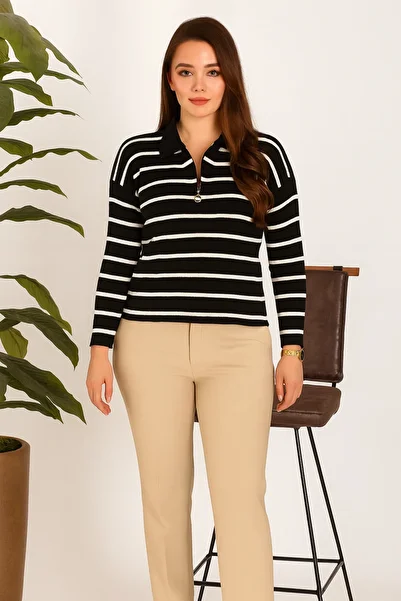 meday Clothing Women's Black and White Striped Polo Neck Zippered Knitwear Sweater – Modern and Stylish