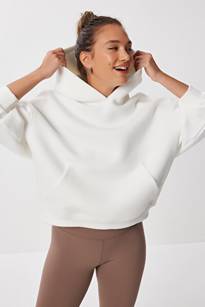 Lovelyİstanbul Übergroßes Kapuzen-Sweatshirt mit Strickmuster LMC0073 EKRU