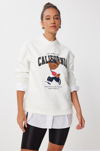 Lovelyİstanbul Teddy Bear Embroidered Printed Oversize Knitted Sweatshirt Lmc0074 Ekru