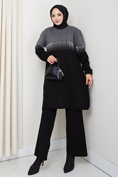 KAYA BUTİK طقم تونيك مع بنطلون تريكو لامع بلونين