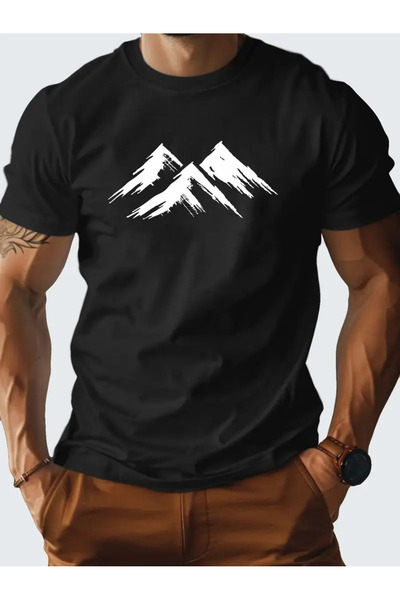 İnazuma Outdoors تيشيرت أسود مطبوع صورة جبال، مقاس كبير للجنسين، بياقة دائرية...