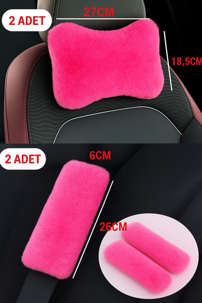 AYAZGRUP Pembe Peluş 2 Adet Oto Boyun Yastığı Boncuk elyaf Dolgulu & 2 Adet E...