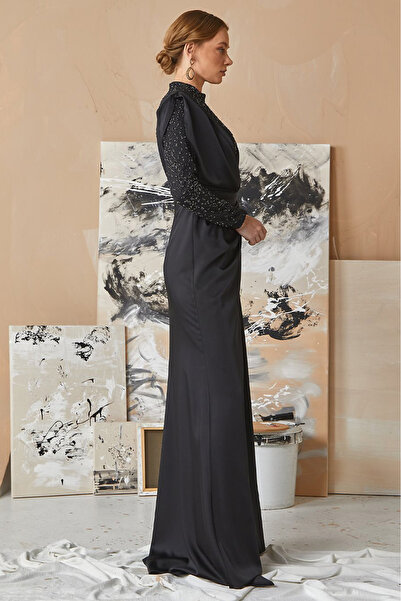 Tiara Women's Stone Embroidered Double Breasted Evening Dress - Black