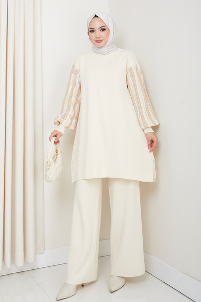 KAYA BUTİK طقم تونيك بأكمام بالونية وبنطلون لامع