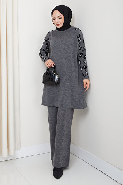 KAYA BUTİK Hijab Leopard Silvery Sleeve Patterned Tunic Set with Pants