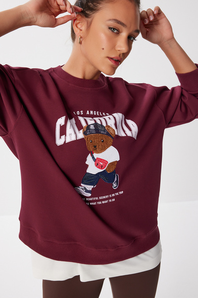 Lovelyİstanbul Pletená mikina oversize s potlačou medvedíka LMC0074 BORDO