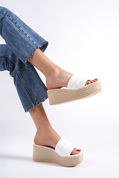 EBRUS TREND Jet-Reina Wedge Heeled Orthopedic Sole Straw Look Women's Slippers Ckt - White