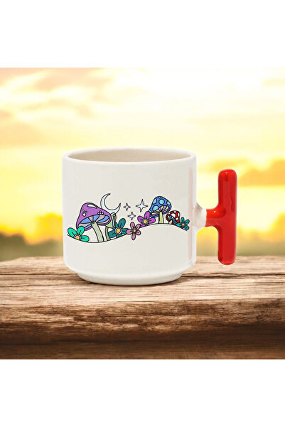 BB TRADE كوب سيراميك مطبوع بتصميم فطر أحمر بمقبض على شكل حرف T سعة 250 مل