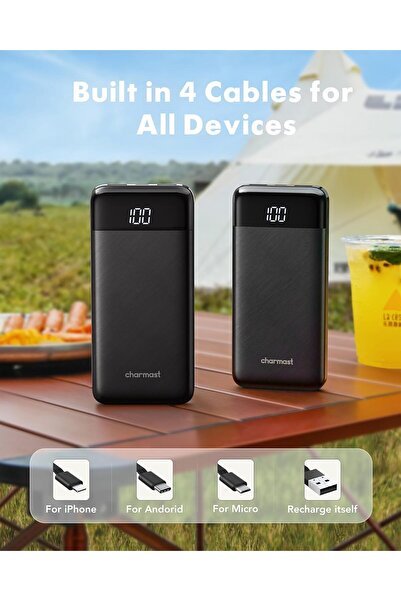 Charmast Power Bank with Built-in Cable, 10000mAh USB C Battery Pack with LED Display