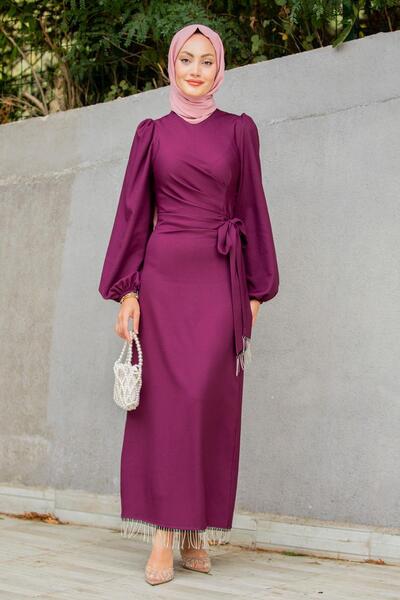 Tesettür Çarşım Medy Zincir ve Drapeli Abiye Elbise-Mürdüm
