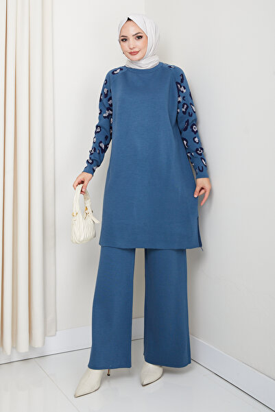 KAYA BUTİK Hijab Leopard Silvery Sleeve Patterned Tunic Set with Pants