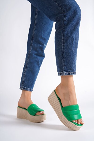 EBRUS TREND Jet-Reina Wedge Heeled Orthopedic Sole Straw Look Women's Slippers Ckt - Green