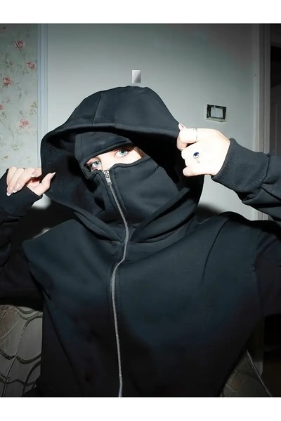 Touz Moda Maske Detaylı Oversize Fermuarlı Siyah Unisex Kapüşonlu Hırka