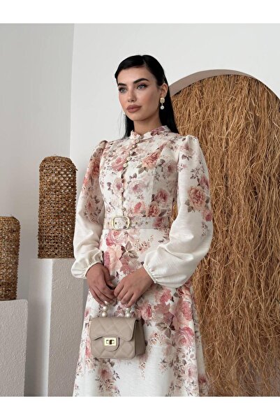 conconmoda Orlena Düğme Detay Kemerli Uzun Elbise