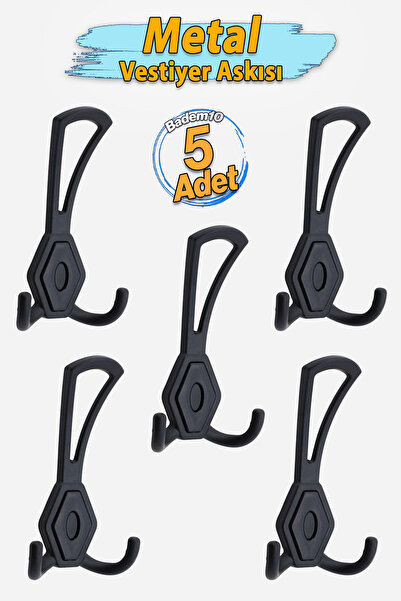 Badem10 Mali 5’li Siyah Askı Takımı Metal Dolap Vestiyer Kapı Arkası Elbise K...