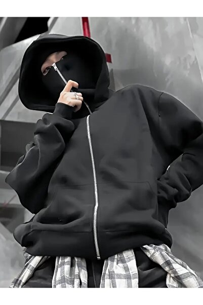 Touz Moda Μαύρη ζακέτα με κουκούλα Unisex με λεπτομέρεια μάσκας και φερμουάρ