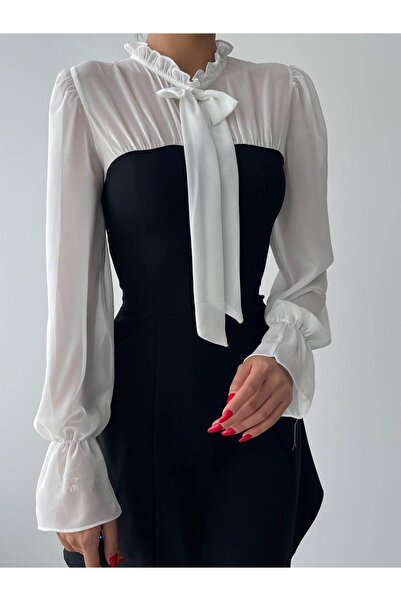 conconmoda Siyah Beyaz Kontrastlı Şifon Kollu Kurdele Yaka Mini Elbise