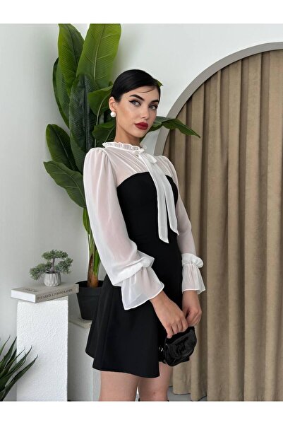 conconmoda Siyah Beyaz Kontrastlı Şifon Kollu Kurdele Yaka Mini Elbise