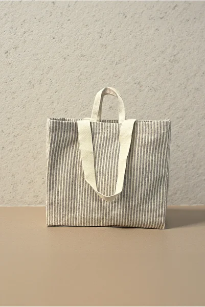 FH finehome Beach Bag Striped Double Pocket Linen Bag