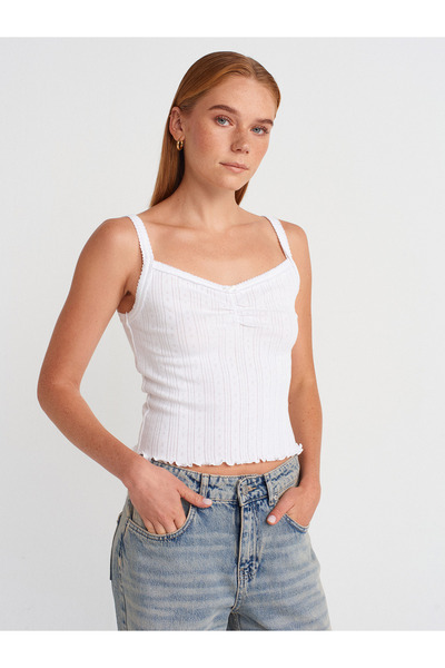 Dilvin 21073 Bow Detailed Strap Top-White