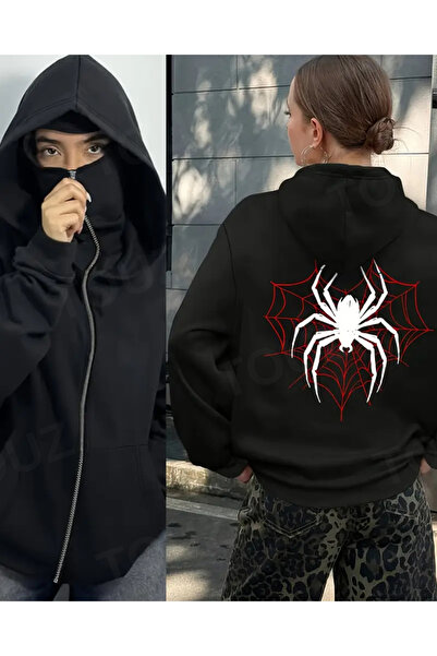 Touz Moda Μαύρη ζακέτα με κουκούλα Unisex με λεπτομέρεια μάσκας και φερμουάρ