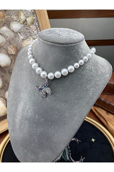 Çelik Zarif Zirkon Taşlı Kelebek Kolye Uçlu İnci Kolye – Şık ve Modern Tasarım