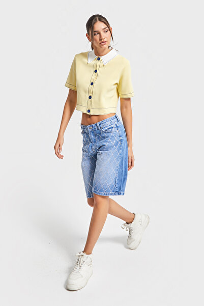 its basic Kadın Kot Rengi T-2s5-4 Baggy Bermuda Fit Parlak Taşlı %100 Koton Tasarım Denim Jean