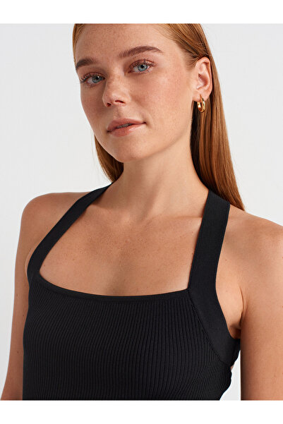 Dilvin 90253 Halter Neck Ribbed Knitwear Dress-Black