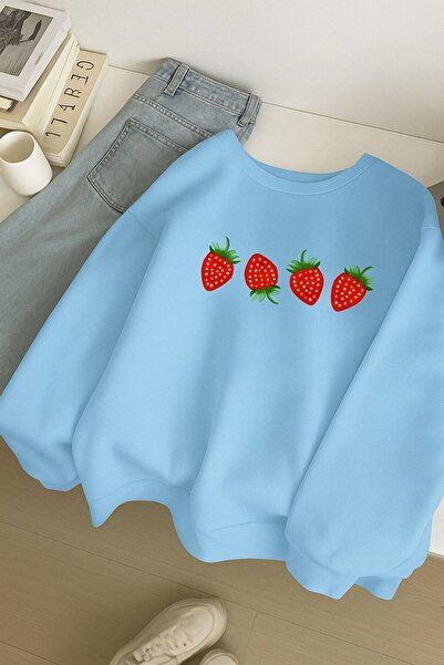 BENROMA Hanorac unisex cu 3 fire din bumbac pieptănat cu imprimeu căpșuni