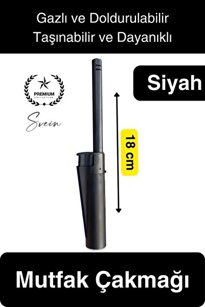 Svein Premium 18 cm Siyah Basmalı Uzun Mutfak Çakmağı Gazlı Doldurulabilir Mum Mangal Kamp İçin Ateş