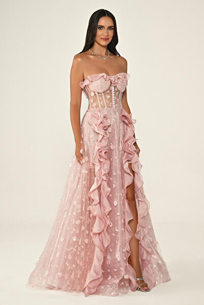 ALFABETA Straplez Korse Transparan Bel Tül Uzun Elbise