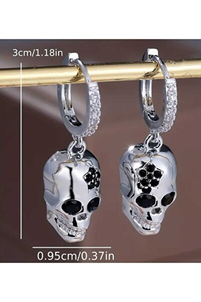sarıyer silver Skull Model Black and White Color Zircon Stone Embroidered Hoop Model Dangle Steel Hoop Earrings