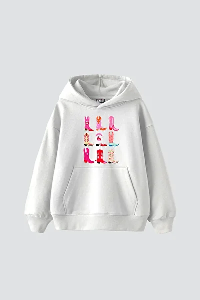 Sekizbiraltı Fun Cowboy Printed Oversize Unisex White Hoodie