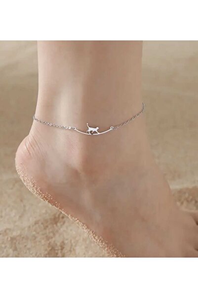 sarıyer silver Stylish Steel Anklet Bracelet with Cat Figure, Suitable for Daily Use, Pet Cat Themed Anklet