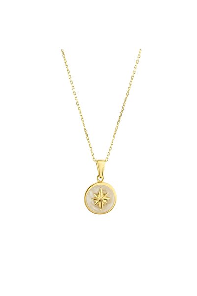 Cenova Jewelry 14 Ayar Altın Sedefli Kuzey Yıldızı Detaylı Yuvarlak Formlu Ka...