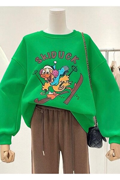 E-ROMA Hanorac unisex cu imprimeu SkiDUCK din bumbac pieptănat cu 3 fire