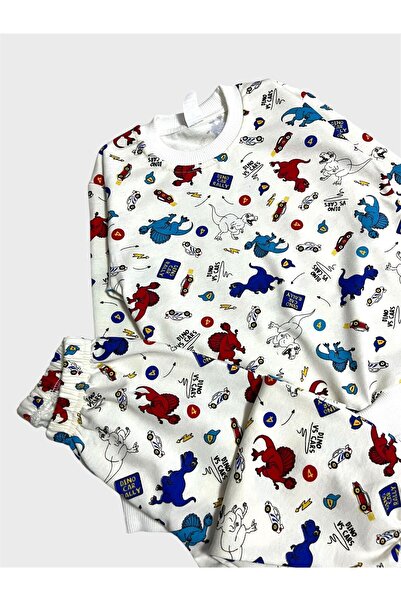 ALİŞ KİDS Σετ παιδικών αγοριών βαμβακερών λευκών μακρυμάνικων πιτζάμες με σχέδιο αυτοκινήτου δεινοσαύρων