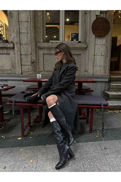 My Blog Black Pocketed Buttoned Striped Mafia Coat - 24K54493