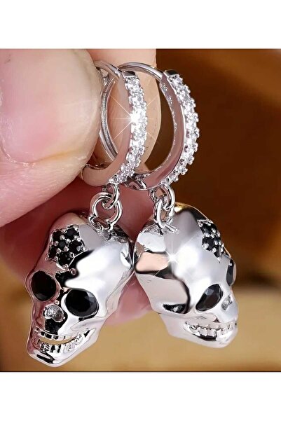 sarıyer silver Skull Model Black and White Color Zircon Stone Embroidered Hoop Model Dangle Steel Hoop Earrings