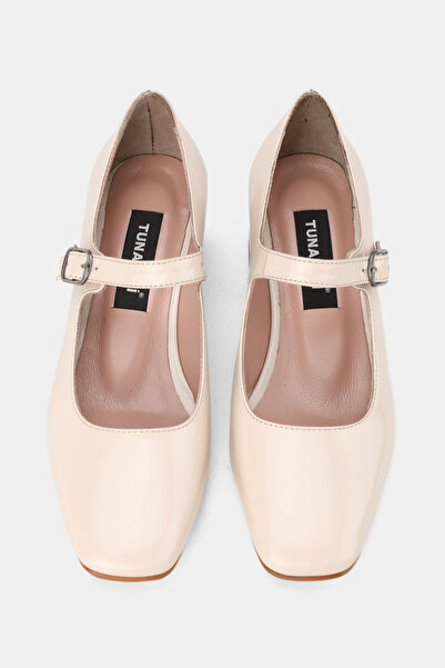 TUNAELLİ KADIN BEJ RUGAN HAKİKİ DERİ 33-34-35-41-42-43 NUMARA ORTA TOPUKLU MARY JANE BANTLI AYAKKABI