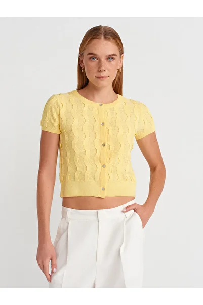 Dilvin 60980 Crew Neck Textured Buttoned Knitwear Cardigan-Yellow