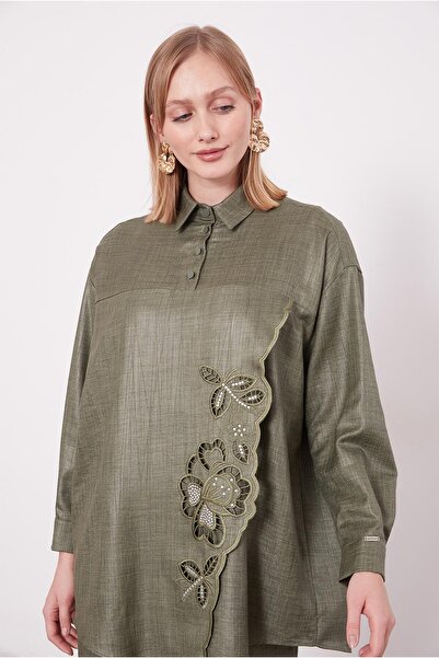 Levidor Haki Nakış Gül Detaylı Tunik Takım