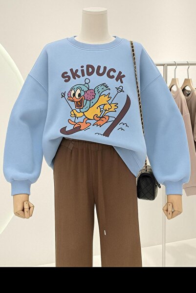 E-ROMA Hanorac unisex cu imprimeu SkiDUCK din bumbac pieptănat cu 3 fire