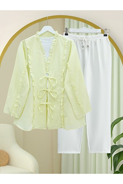 Modamorfo Linen Shirt with Ruffle Front and Tie Sleeves - Light Yellow