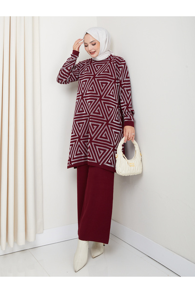 KAYA BUTİK Silvery Geometry Patterned Tunic with Knitwear Pants
